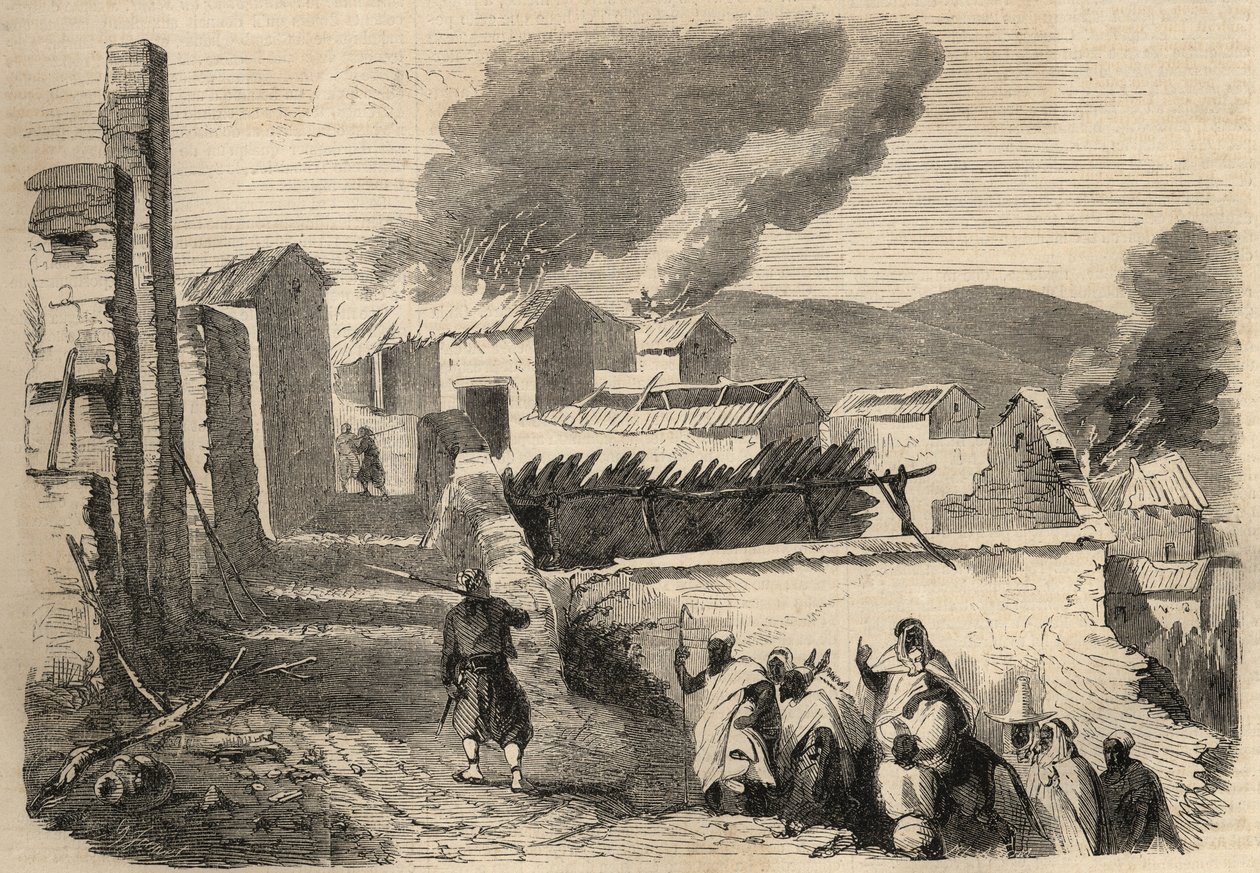 Podbój Algierii: wyprawa do Wielkiej Kabylii w 1857 r. Złożenie Beni-Yenni (Beni Yenni) na podstawie rysunku pana Amellera, dowódcy batalionu w 1. Zouave. Grawer w „Le Monde illustrious” z 1857 r. Ze zbiorów prywatnych. autorstwa Unknown artist