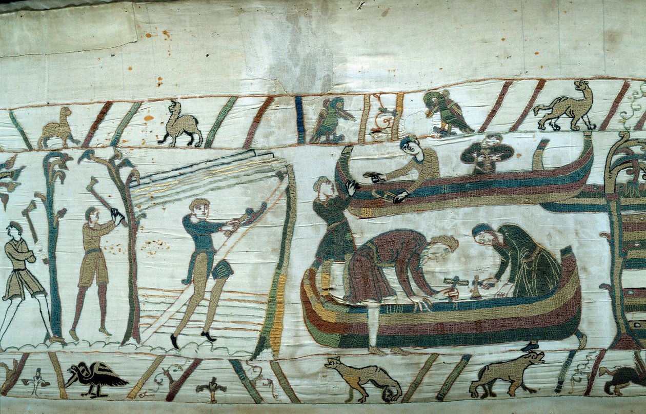 Podbój Anglii przez księcia Normandii Wilhelma Zdobywcy (1027-1087): budowa floty normańskiej Fragment gobelinu z Bayeux lub Haft królowej Matyldy autorstwa Unknown artist
