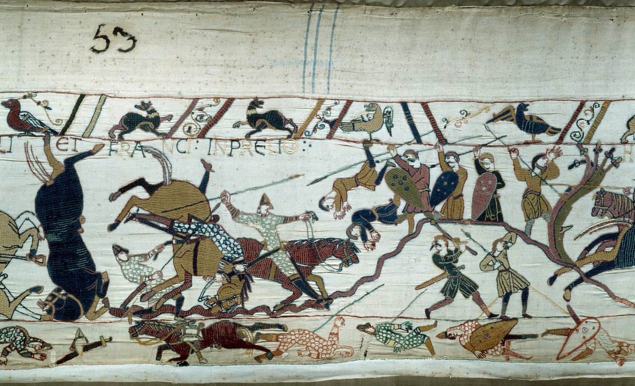 Podbój Anglii przez księcia Normandii Wilhelma Zdobywcy (1027-1087) w 1066: Bitwa pod Hastings Fragment gobelinu z Bayeux lub haftu królowej Matyldy autorstwa Unknown artist
