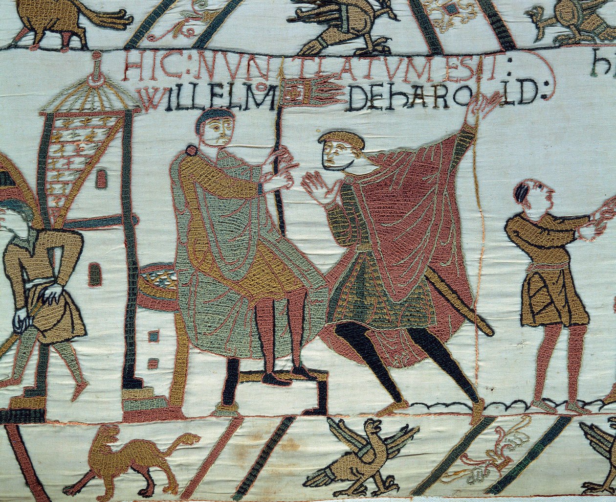 Podbój Anglii przez księcia Normandii Wilhelma Zdobywcy (1027-1087) w 1066: punkt obserwacyjny przekazuje Williamowi fakty dotyczące Harolda II w bitwie pod Hastings Fragment gobelinu z Bayeux lub haftu królowej Matyldy autorstwa Unknown artist