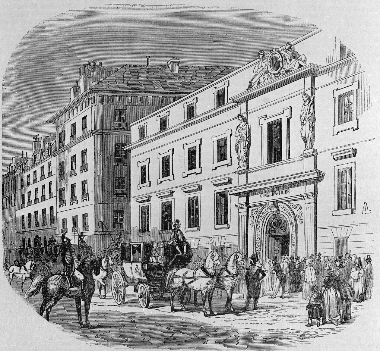 Konserwatorium muzyczne przy rue du Faubourg Poissonniere w Paryżu: wejście na koncert. Grawerowanie z 1860 autorstwa Unknown artist