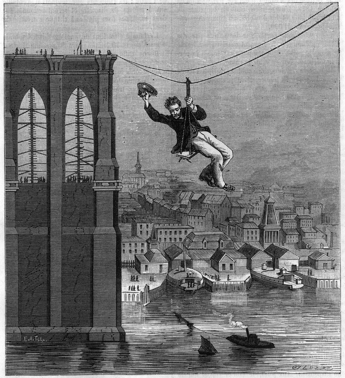 Budowa mostu Brooklyn Bridge w Nowym Jorku: pan Farrington, główny mechanik konstrukcji, przechodzi od jednego stosu do drugiego za pomocą pierwszego rozciągniętego drutu (25 sierpnia autorstwa Unknown artist