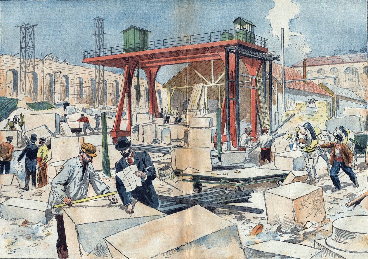 Budowa Grand Palais w Paryżu w 1898 roku z okazji Wystawy Powszechnej w 1900 roku. W środku tarcza diamentowa do cięcia ciętych kamieni. Ilustracja w „Le Pelerin” z 3 lipca autorstwa Unknown artist