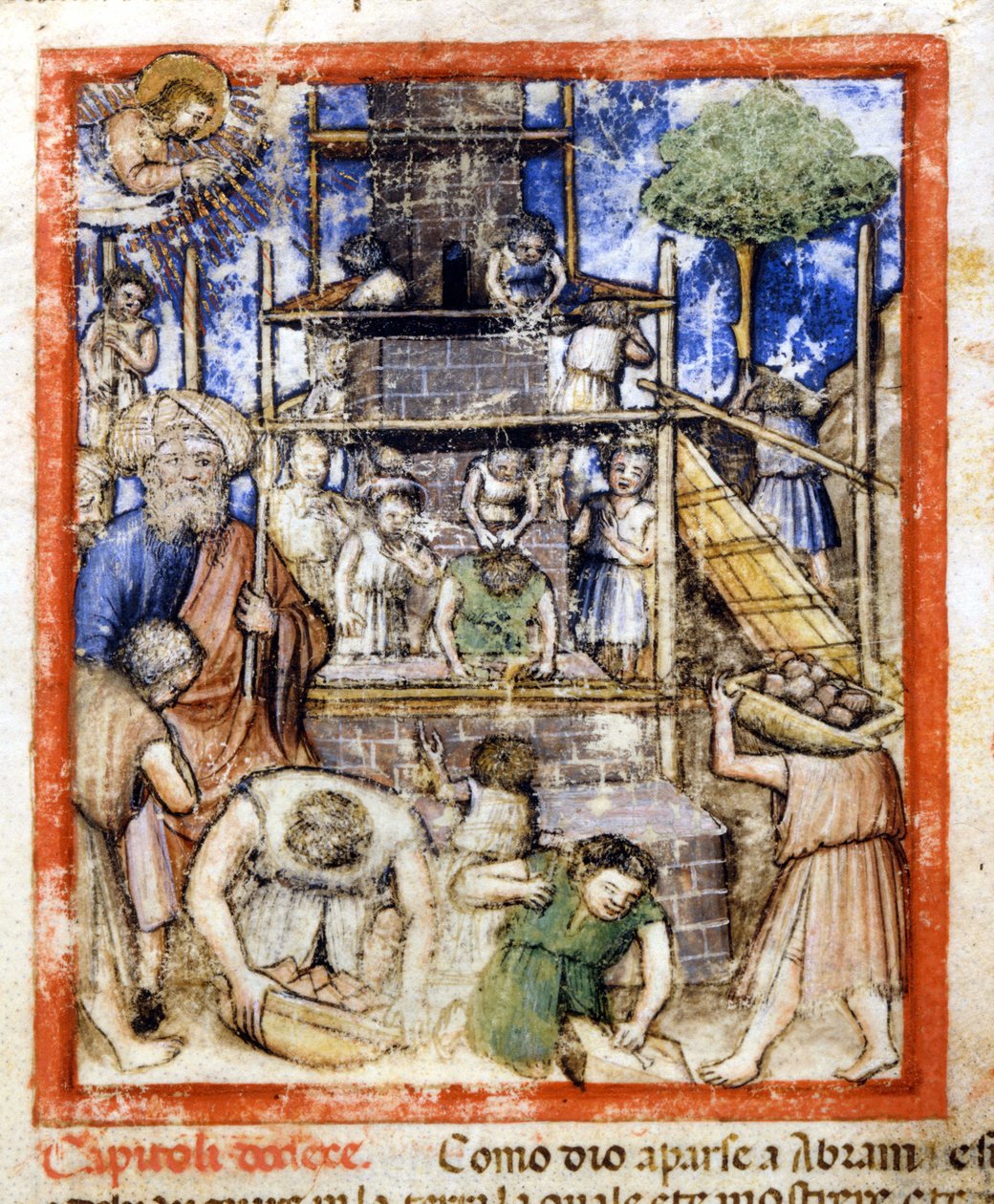 Budowa wieży Babel. Miniatury z kodeksu 212 (lub Kodeks Padovano lub Biblia z Padwy) 1390-1400 Rovigo, Accademia dei Concordi autorstwa Unknown artist