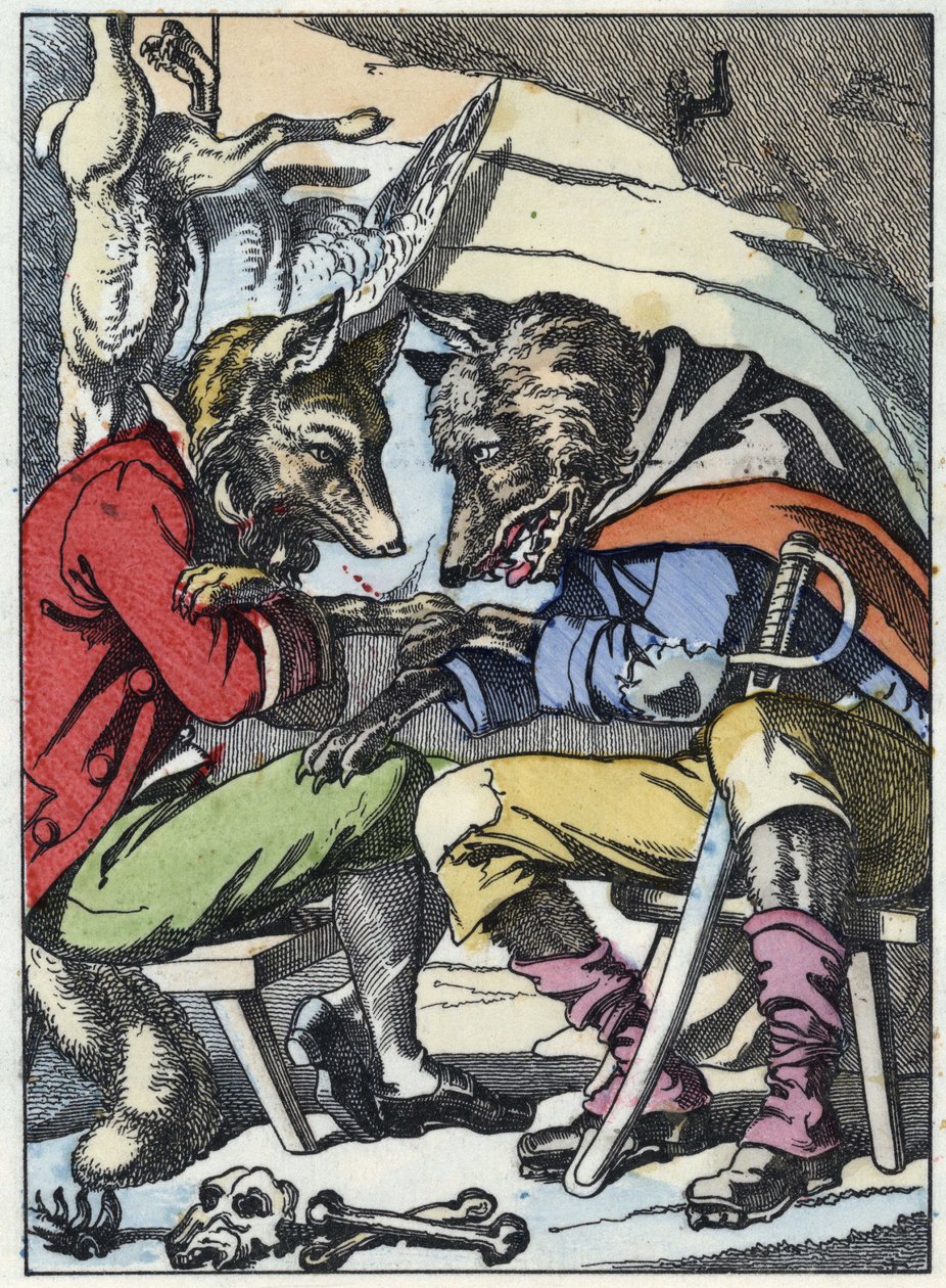Rozmowa wilka z lisem. Ilustracja do baśni „Compere le Loup, Maitre Renard, Comere la Chevre et ses petits biquets”” według bajki Jeana de la Fontaine. W „Opowieściach z domu dla najmłodszych””. Anonimowy grawer autorstwa Unknown artist