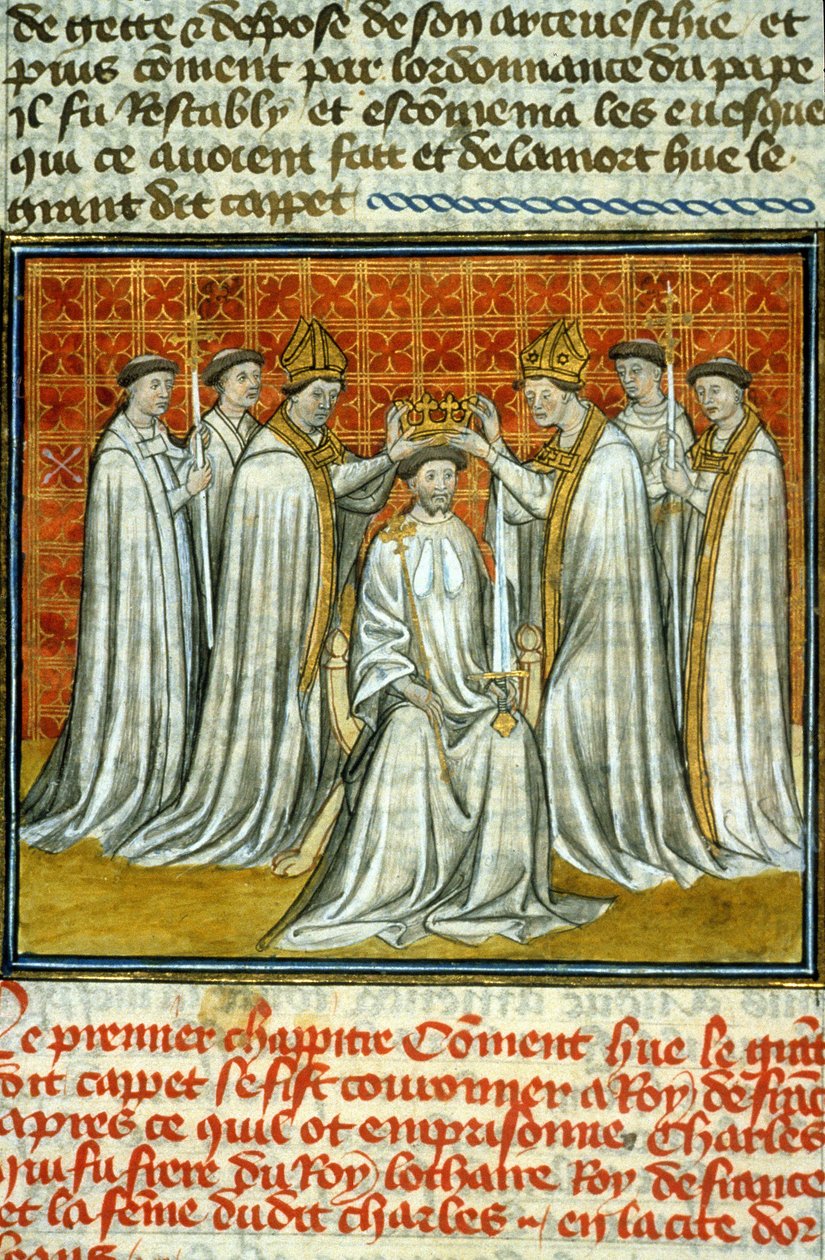Koronacja Hugues Capet (987) przez Adalberona (ok. 925-990), arcybiskupa Reims - Iluminacja rękopisu na welinie średniowiecza „” Great Chronicles of Saint-Denis” koniec XIV wieku (ref.512 autorstwa Unknown artist