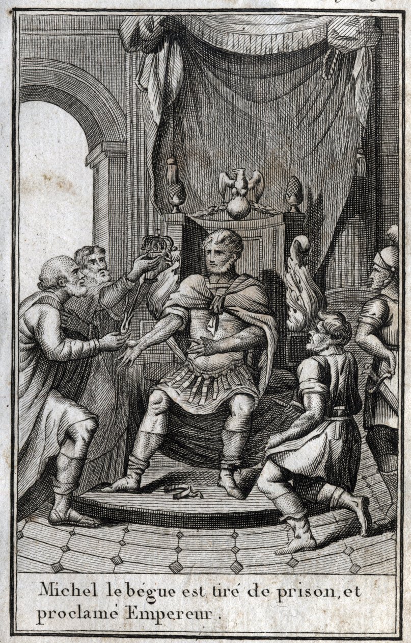 Koronacja Michała II Amoryjczyka (Begi) (770-829) na cesarza bizantyjskiego po zwolnieniu z więzienia w 820 roku. Jest on założycielem dynastii Amorian. Grawer w redige „Beaute de l