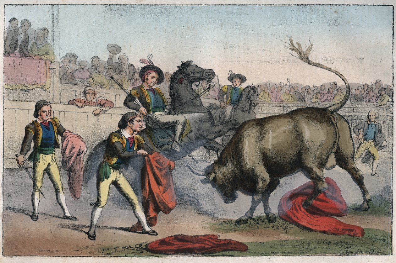 Corrida w Hiszpanii: le picador - Byk Ładowanie Picadora - grawerunek z „Zwyczajności i tradycji wszystkich narodów wszechświata”. To jest historia rządów, praw, milicji, religii wszystkich narodów od najdalszych czasów aż do naszych czasów. autorstwa Unknown artist