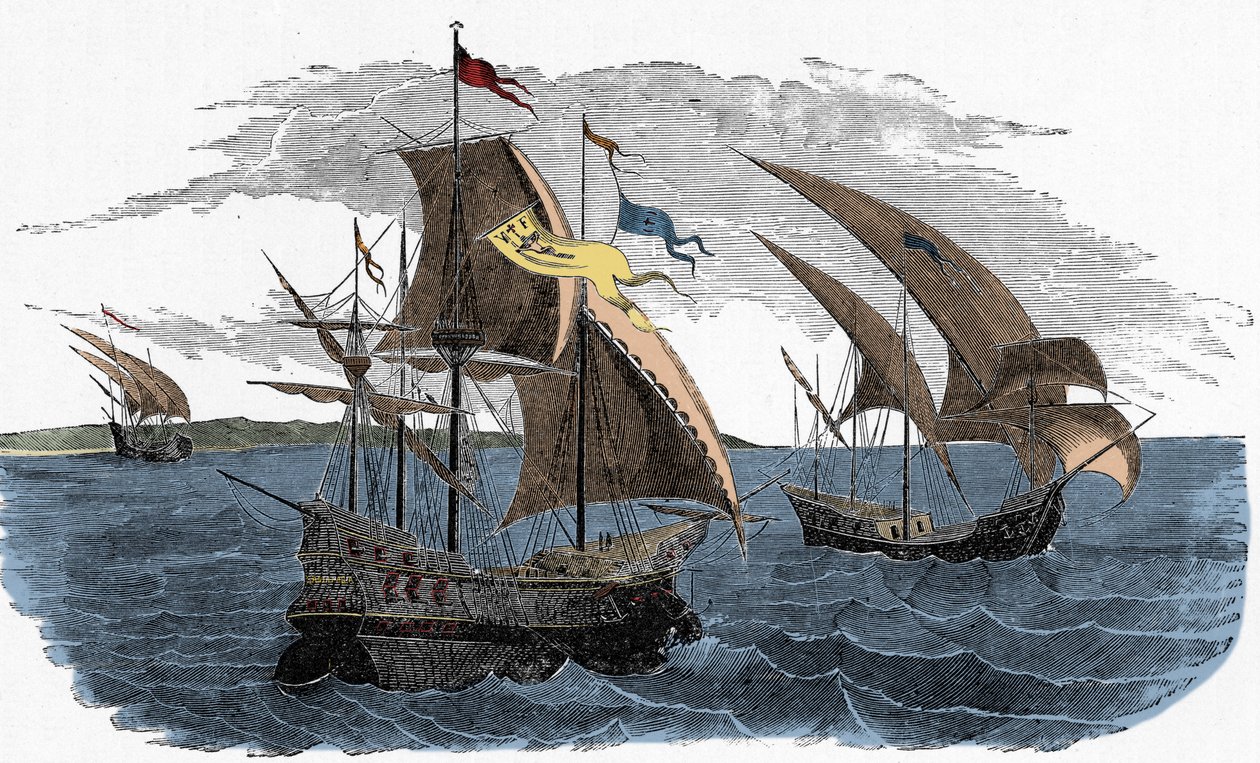 Żegluga floty Corteza do Meksyku - hiszpańska kolonizacja Ameryk: armada Hernana Cortesa (ok. 1485-1547) płynie do Meksyku autorstwa Unknown artist