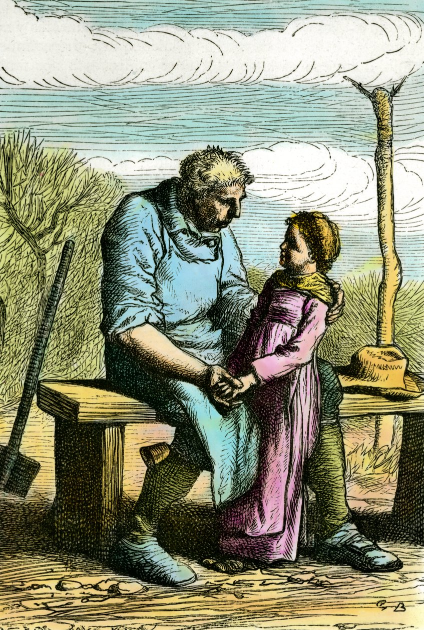 Cozetta i Jan Valjean. Ilustracja do powieści „Nędznicy” Victora Hugo (1802-1885) Rycina z 1865 Kolekcja prywatna autorstwa Unknown artist