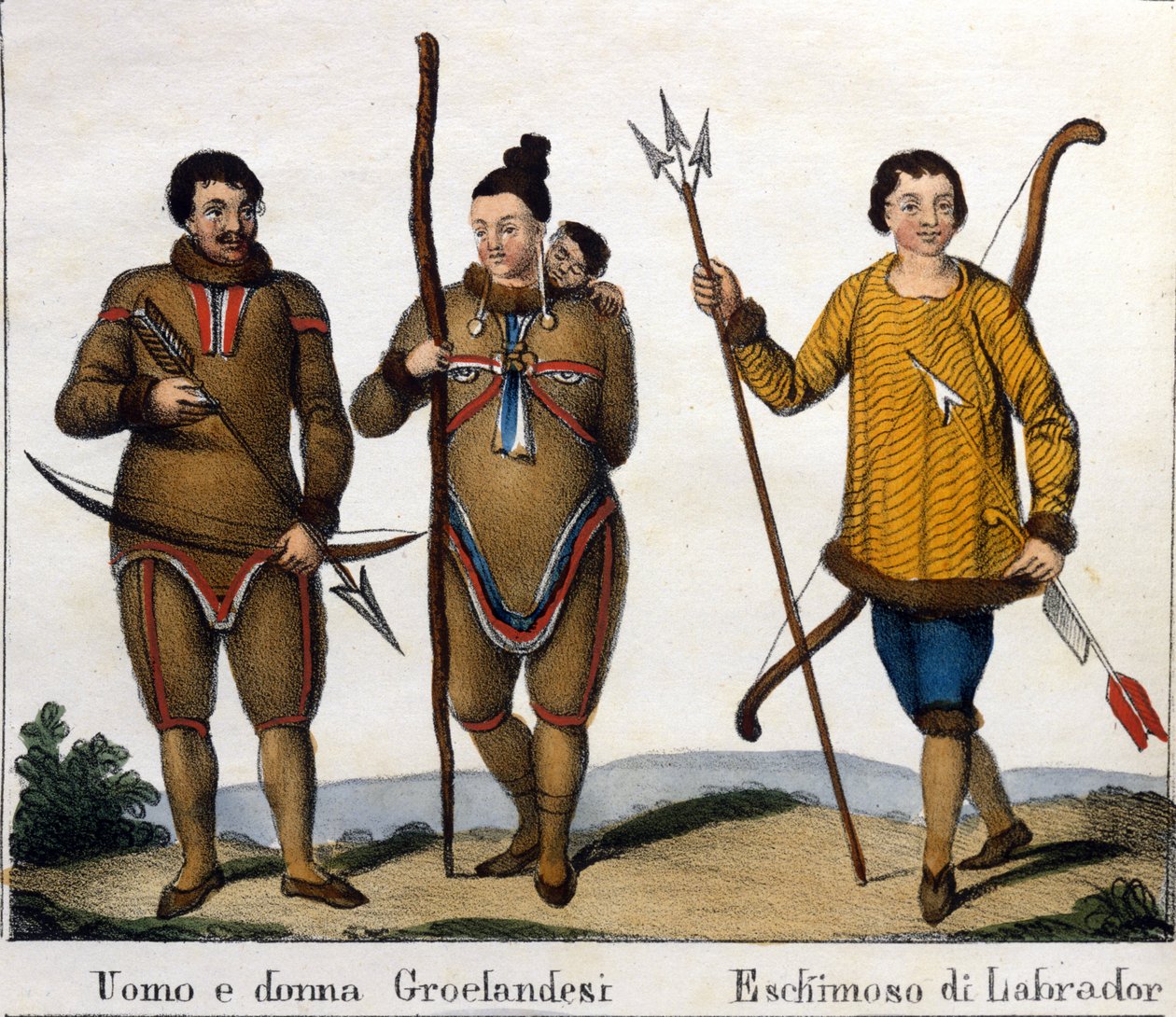 Kostium. Po lewej: para grenlandzkich Eskimosów z dzieckiem. Po prawej: Labrador Eskimos. Litografia z początku XIX wieku autorstwa Unknown artist