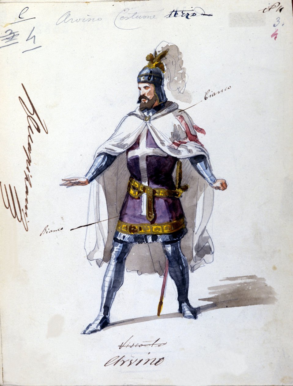 Kostium do opery „I Lombardi” lub „Les Lombards à la premiere Crusade”” skomponowany przez Giuseppe Verdi (1813 - 1901) w 1843 roku. Anonimowy rysunek akwarelą. Postać Alvino do występu w mediolańskiej Scali. autorstwa Unknown artist
