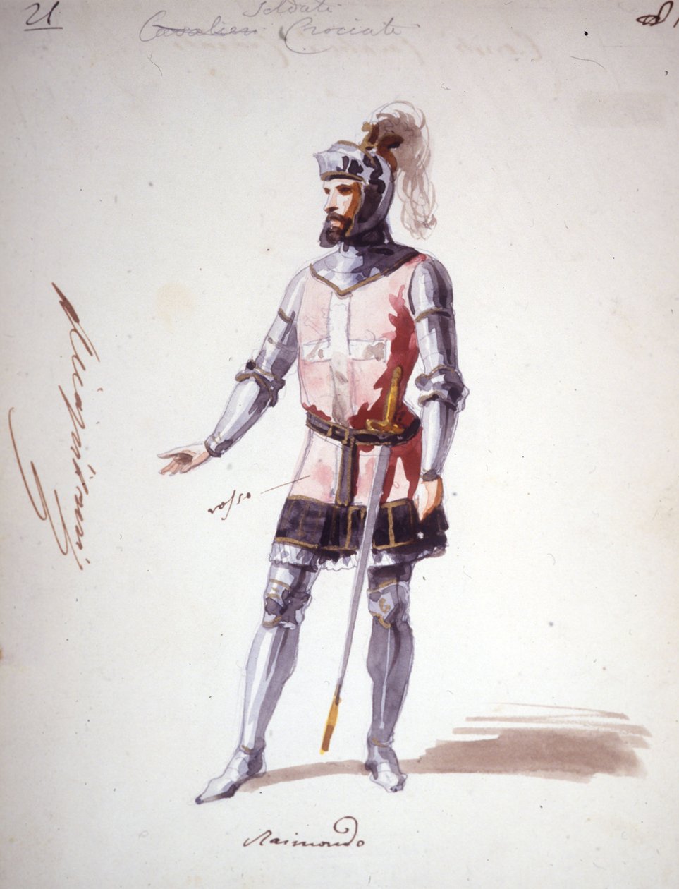 Kostium do opery „I Lombardi” lub „Les Lombards à la premiere Crusade”” skomponowany przez Giuseppe Verdi (1813 - 1901) w 1843 roku. Anonimowy rysunek akwarelą. Postać Raimondo za występ w mediolańskiej Scali. autorstwa Unknown artist