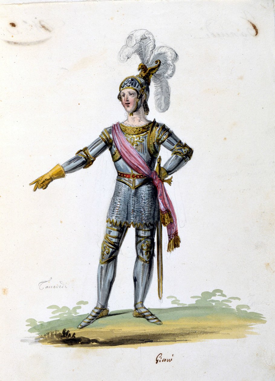 Kostium dla postaci Tancrede rysuje Gironi do opery „Tancredi” ”(Tancrede) Gioacchino Rossiniego. 1813 autorstwa Unknown artist