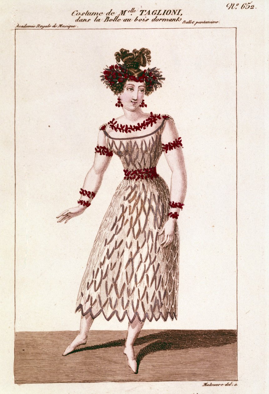 Kostium tancerki Marii Taglioni (1804-1884) w balecie „Śpiąca królewna” Piotra lub Petra Iljicza Czajkowskiego (lub Czajkowskiego lub Ciajkowskiego lub Czajkowskiego autorstwa Unknown artist