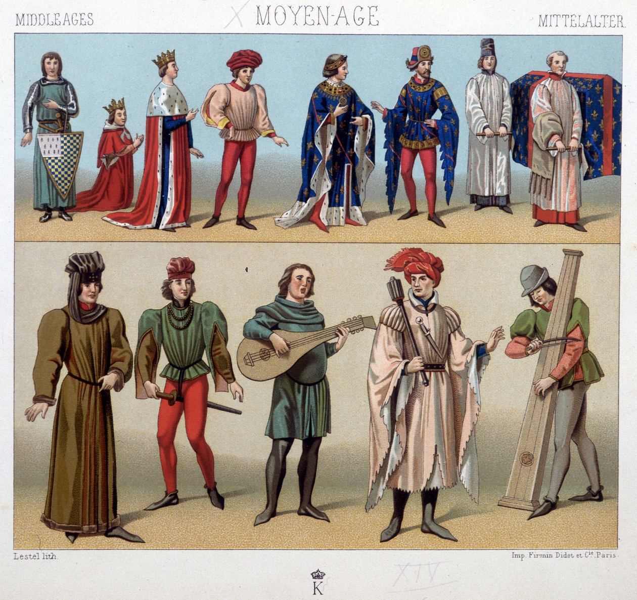 Stroje i muzycy w średniowieczu od XIII do XV wieku. W „Strój historyczny” A. Racquet autorstwa Unknown artist