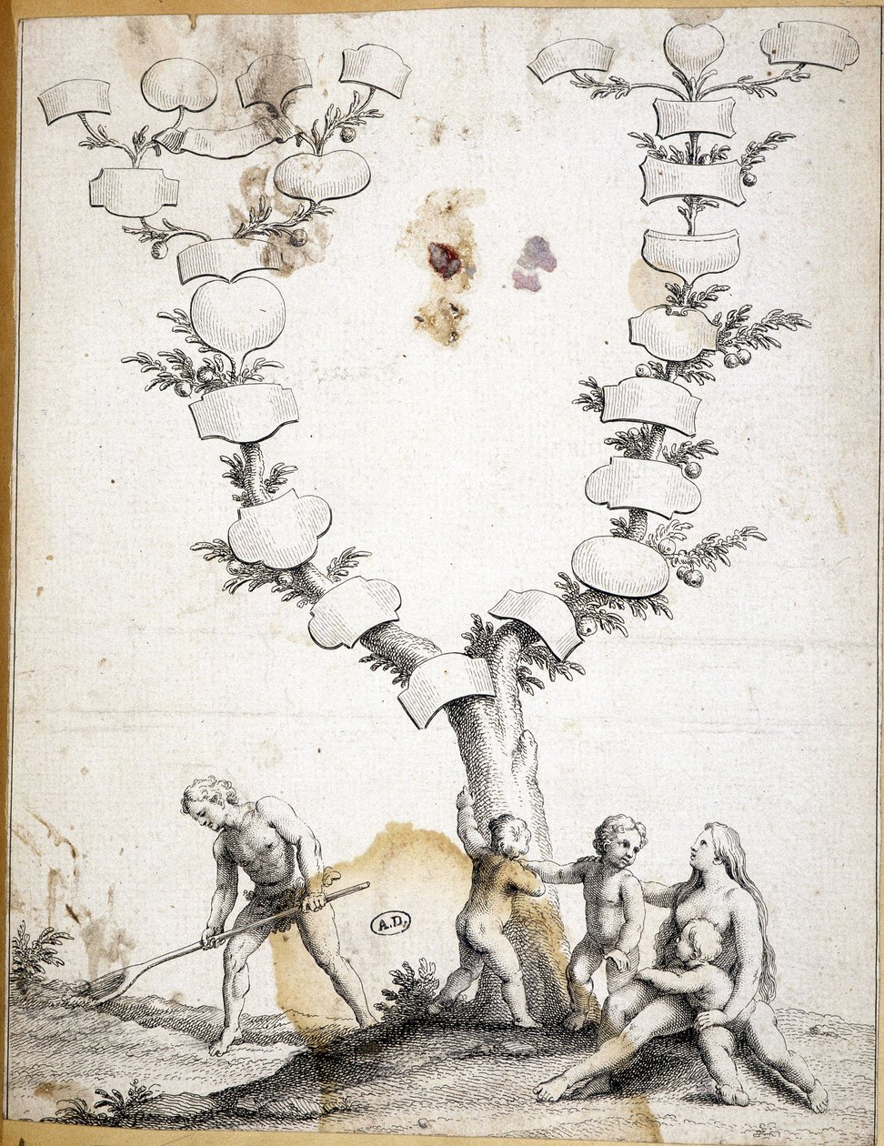 Para z dziećmi u stóp dziewiczego drzewa genealogicznego - grawer autorstwa Unknown artist