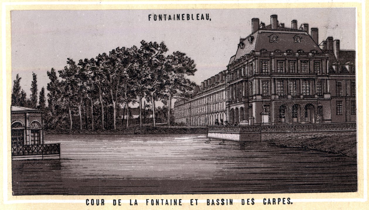 Dwór fontanny i Bassin des carps z Fontainebleau (Sekwana i Marna, region Ile-de-France, Francja). Chromolitografia z końca XIX wieku. autorstwa Unknown artist