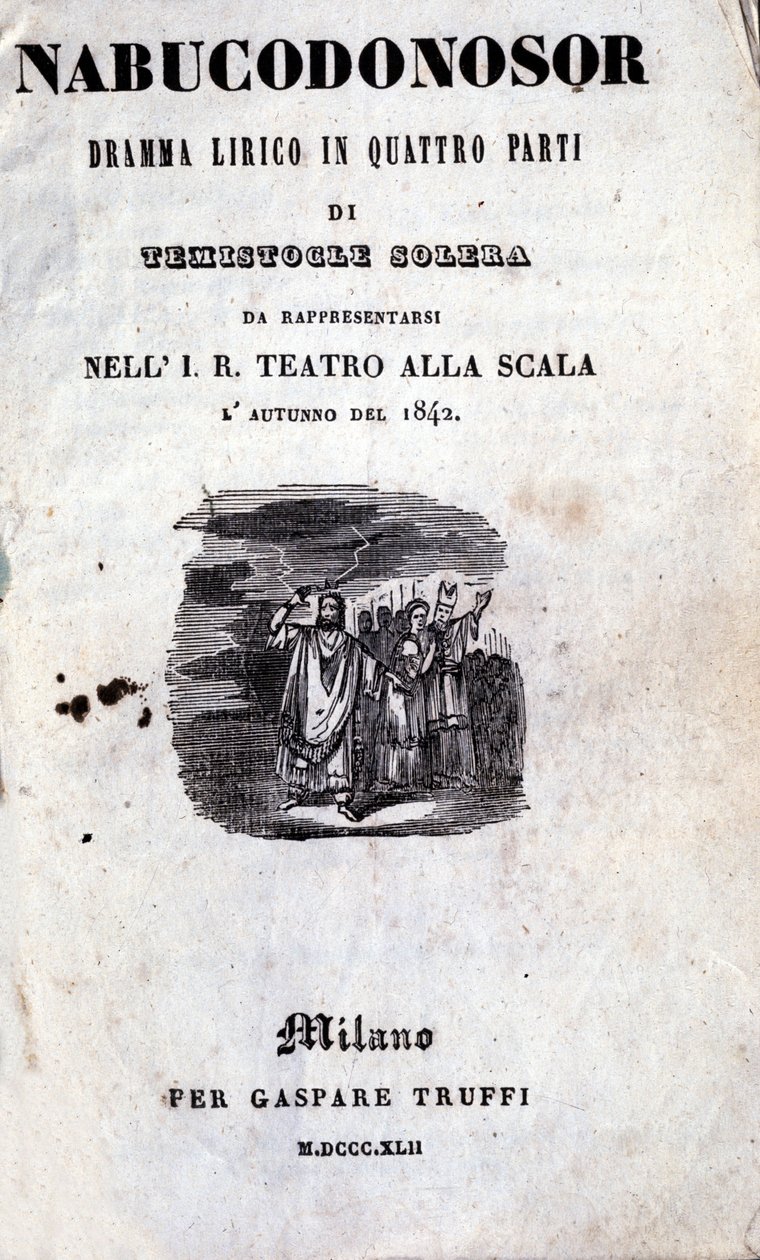 Okładka pierwszego libretta Nabucco autorstwa Giuseppe Verdiego (1813-1901), które po raz pierwszy zostało nazwane Nabucodonosor autorstwa Unknown artist