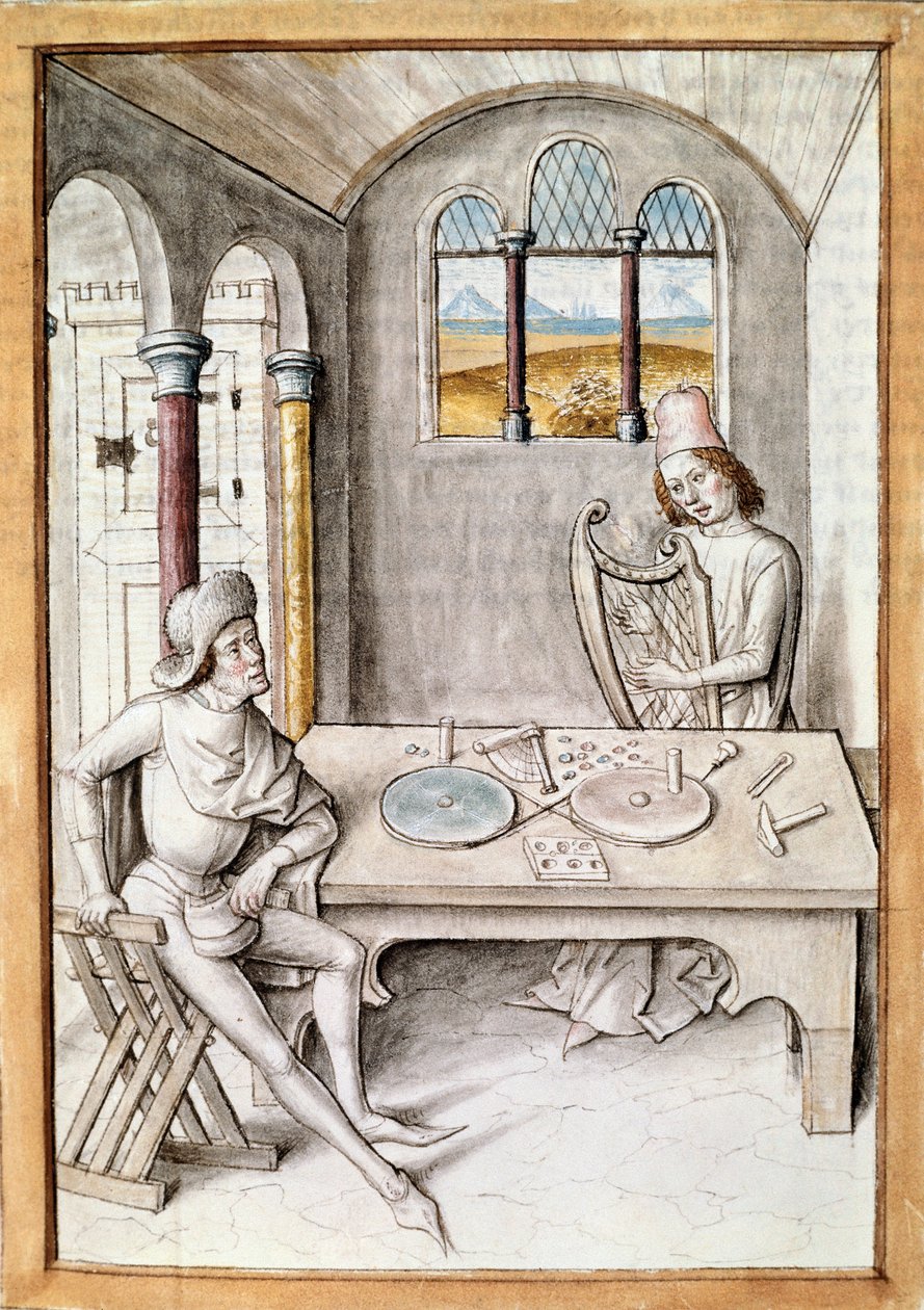 Rzemiosło: współczynnik harfy. Warsztat produkcji instrumentów. Miniatura z rękopisu „Bajki Bidpai” autorstwa Unknown artist