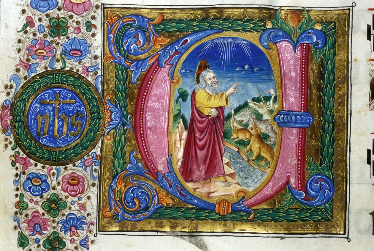 Stworzenie: Bóg przed stworzeniami Ziemi. Rękopis z XV wieku. Biblia Nazionale Braidense, Mediolan. autorstwa Unknown artist