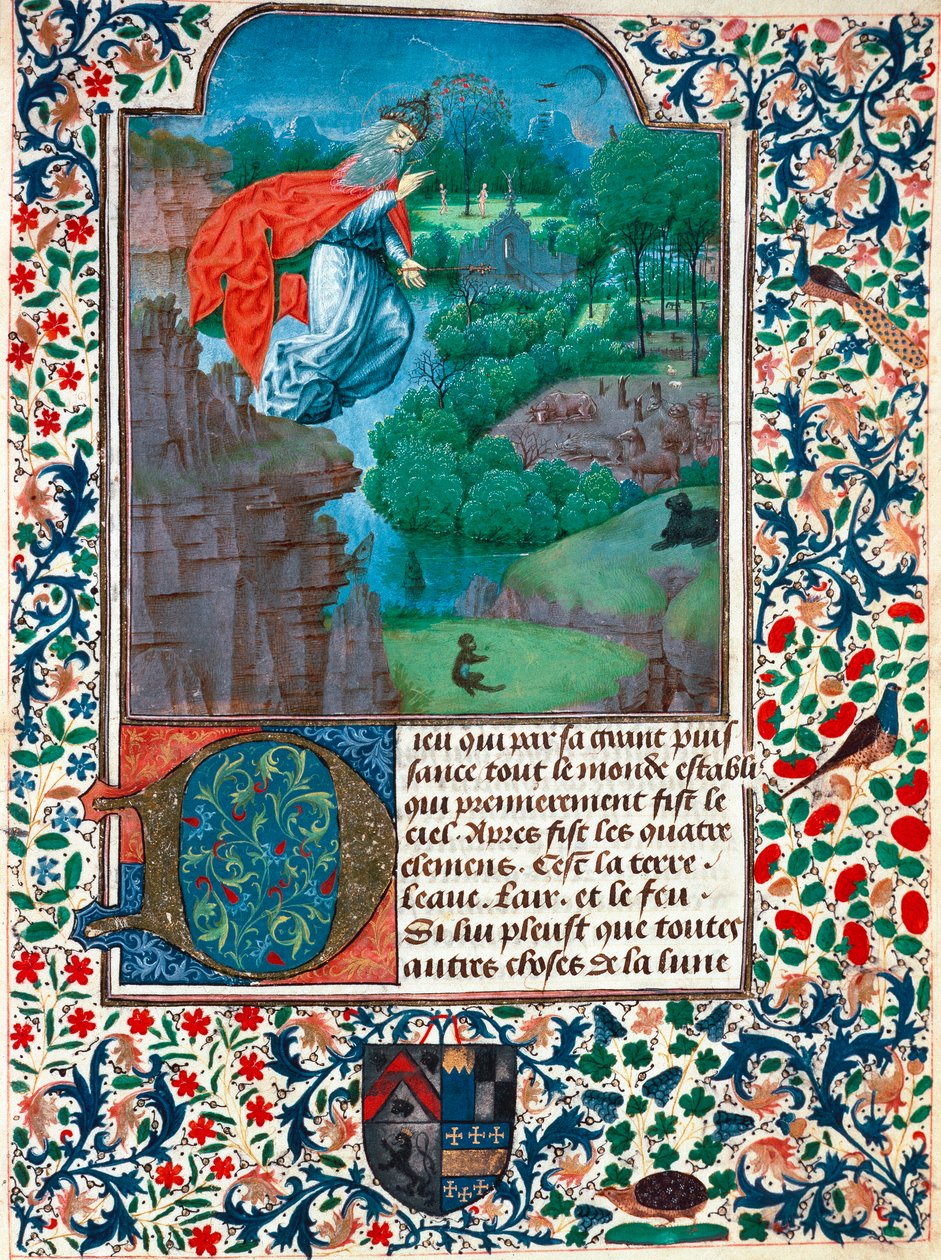 Stworzenie, dzień siódmy: Stwórca leci nad swoim dziełem. Krajobraz ze zwierzętami. Miniatura z Księgi Godzin hrabiny Bretiandos autorstwa Unknown artist