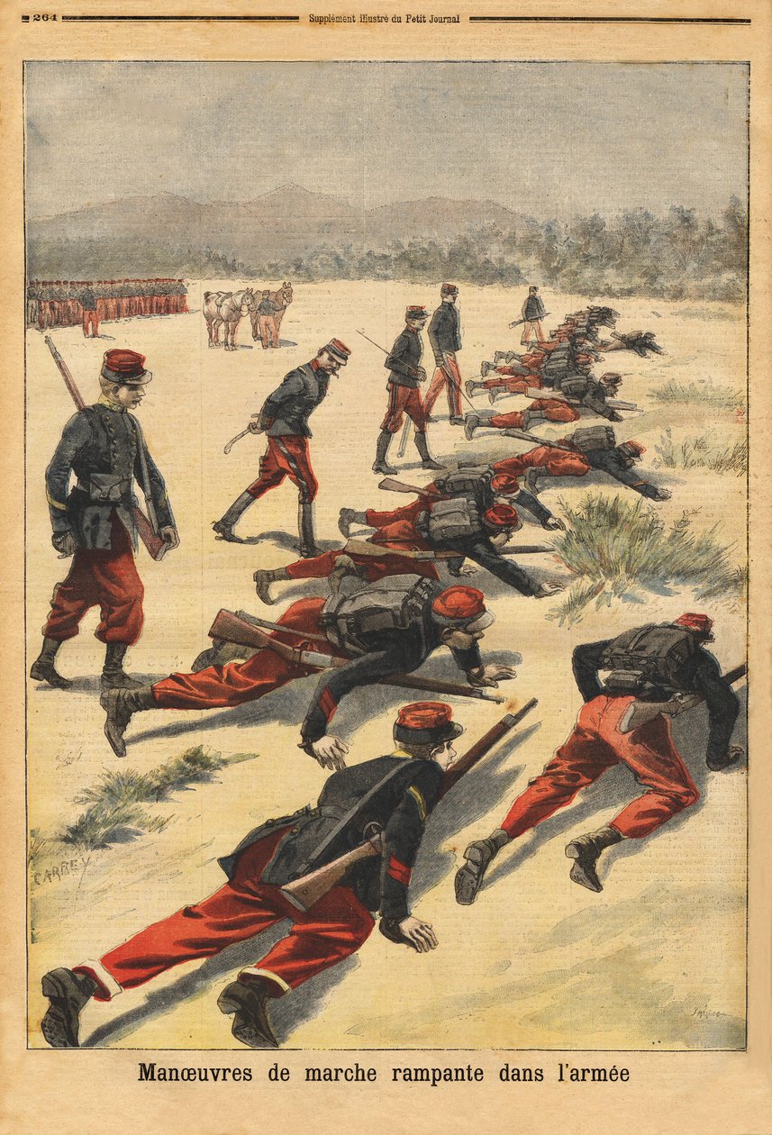 Manewry pełzania w wojsku, eksperymenty z nowymi bransoletkami z tamponami, które chronią dłonie. Grawerowanie w „”Le petit journal”” 16.08.1896. Kolekcja Selvy. autorstwa Unknown artist