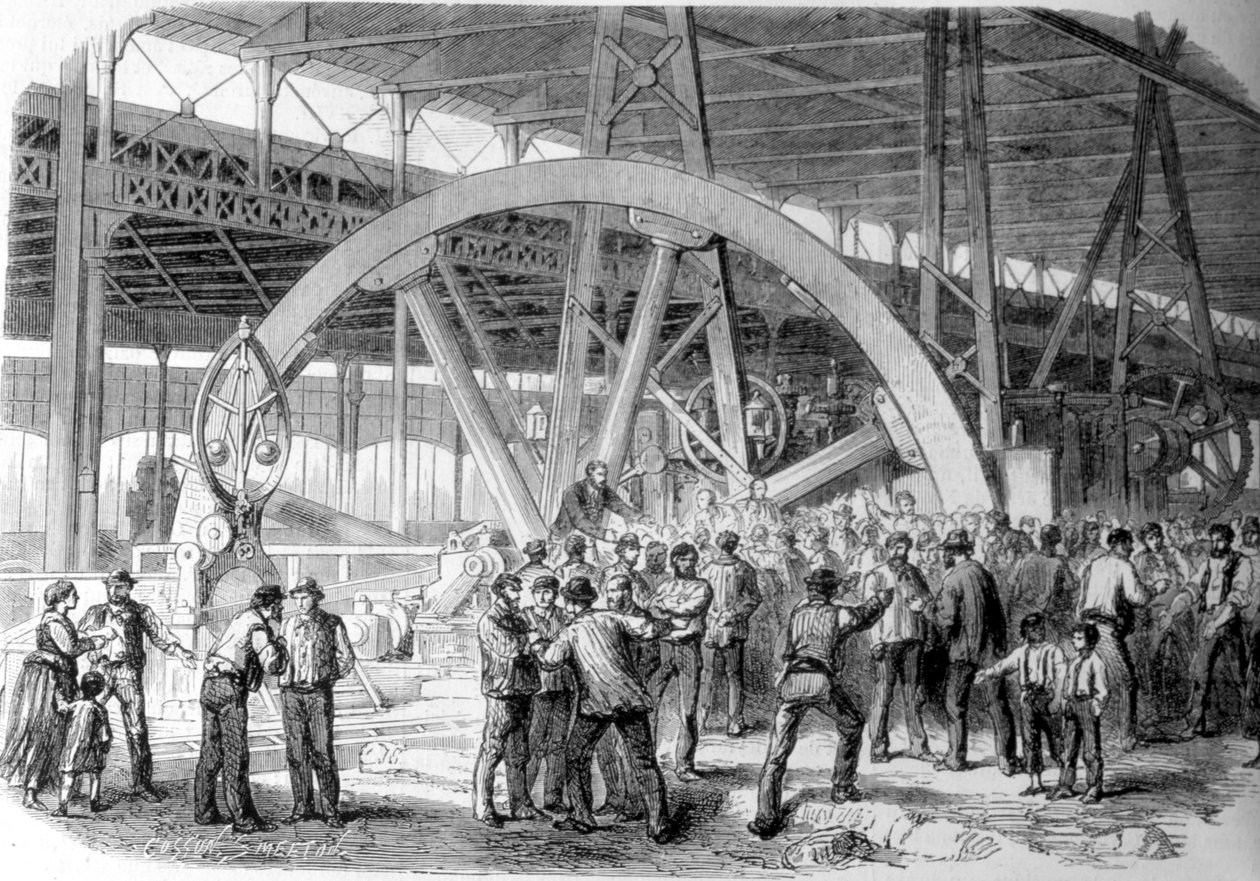 Strajk Creusota. Pojednanie pracowników w warsztatach w momencie wypłaty. 19 wiek. autorstwa Unknown artist