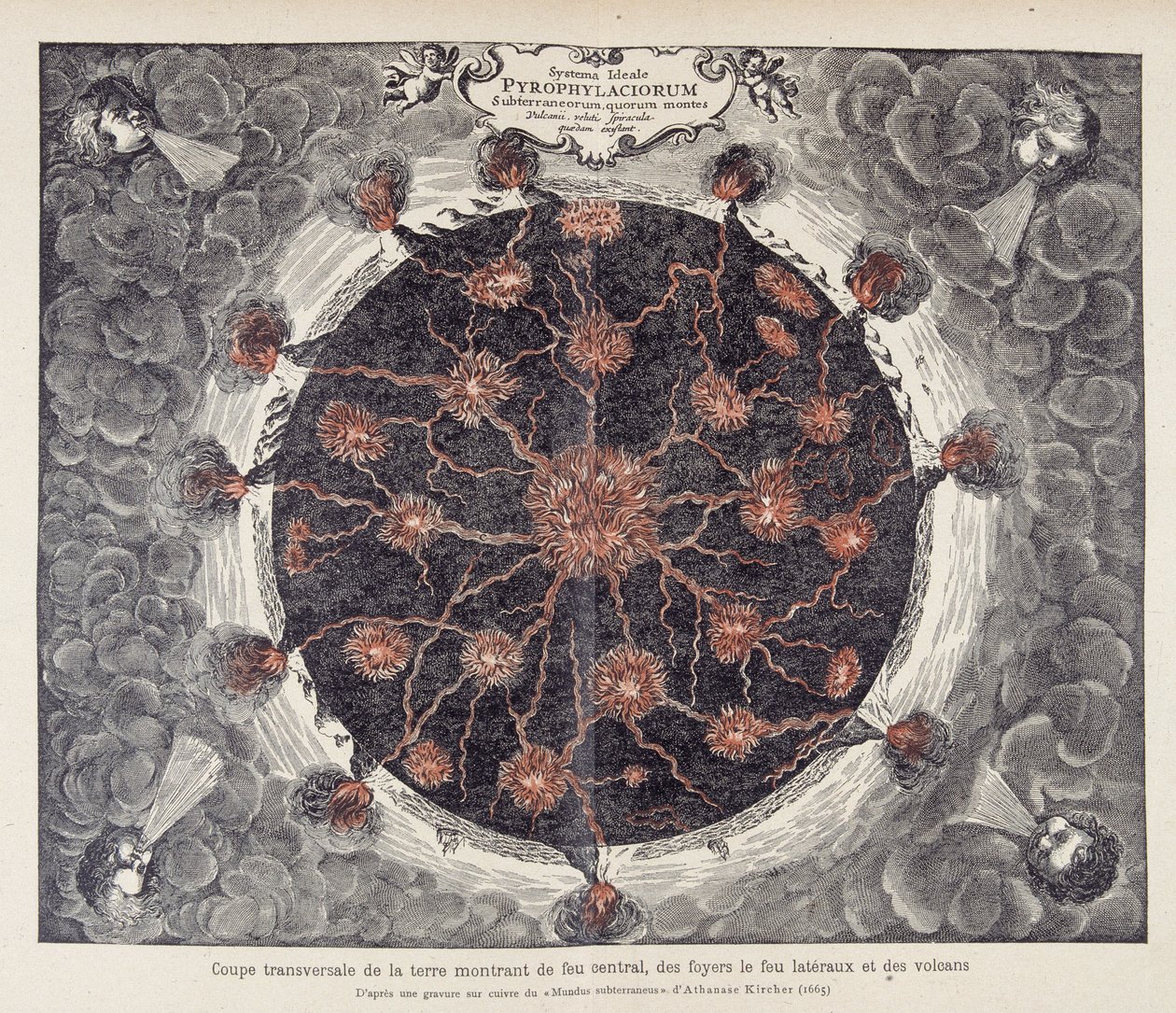 Przekrój ziemi przedstawiający centralny ogień, kominki i wulkany, z miedziorytu przedstawiającego „Mundus subterraneus” Athanase Kirchera (lub Athanasius Kircheri) autorstwa Unknown artist