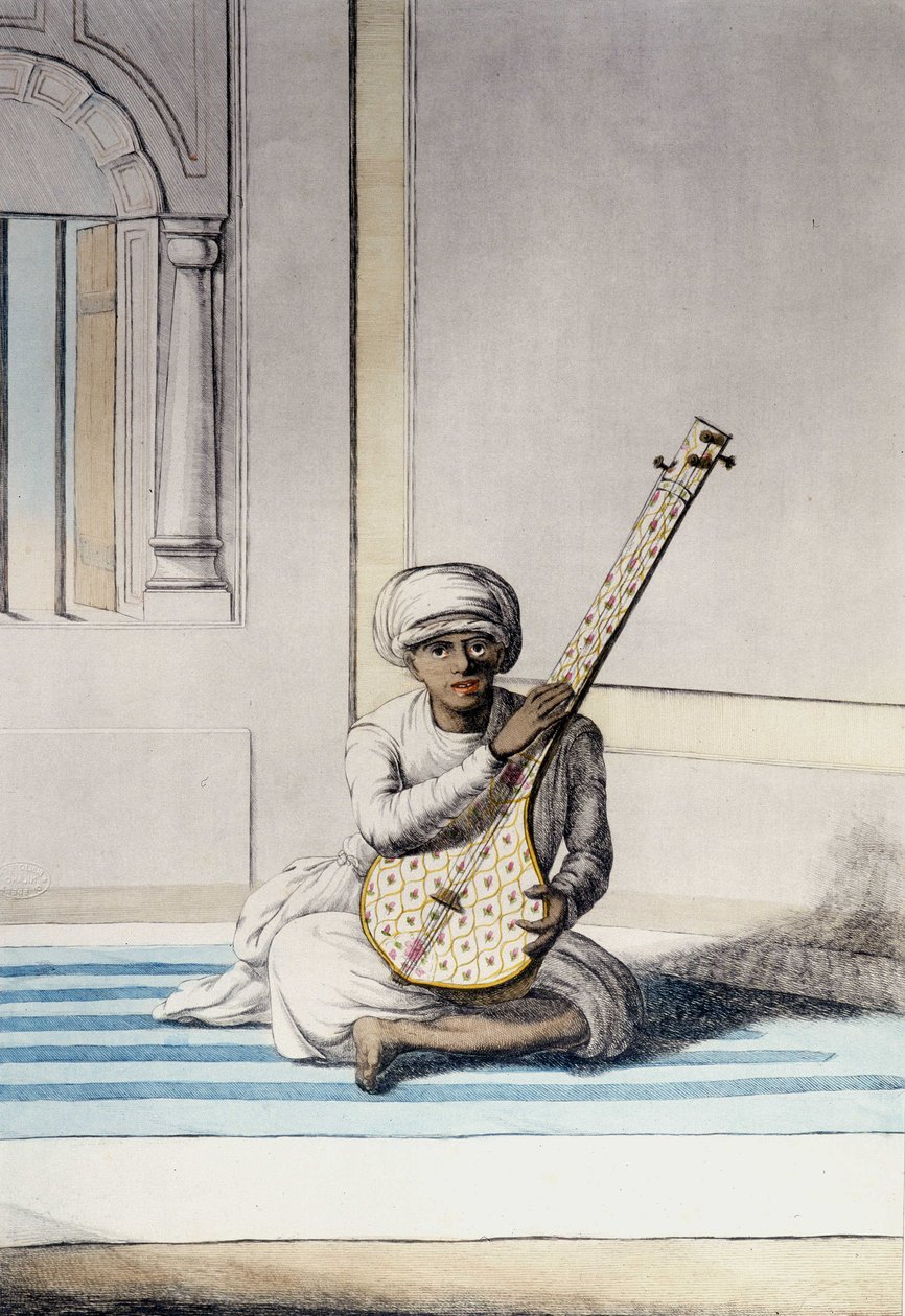 Kultura, cywilizacja i społeczeństwo indyjskie: Muzyk grający na Thambourah (Tambura), tradycyjnym instrumencie Indii. Grawerowanie 1808. autorstwa Unknown artist