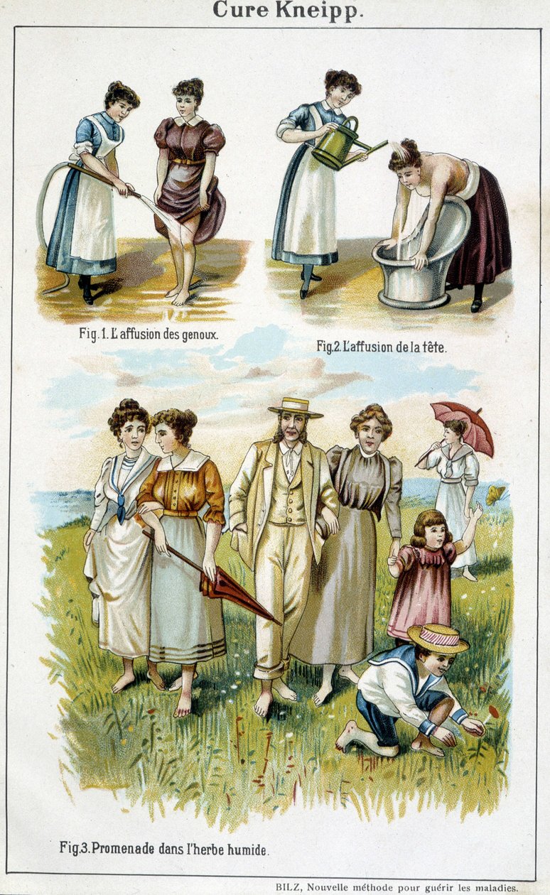 Cure Kneipp: polewania kolan, polewania głowy, chodzenie po mokrej trawie - w „Bilz, naturalne leki”, koniec XIX wieku autorstwa Unknown artist