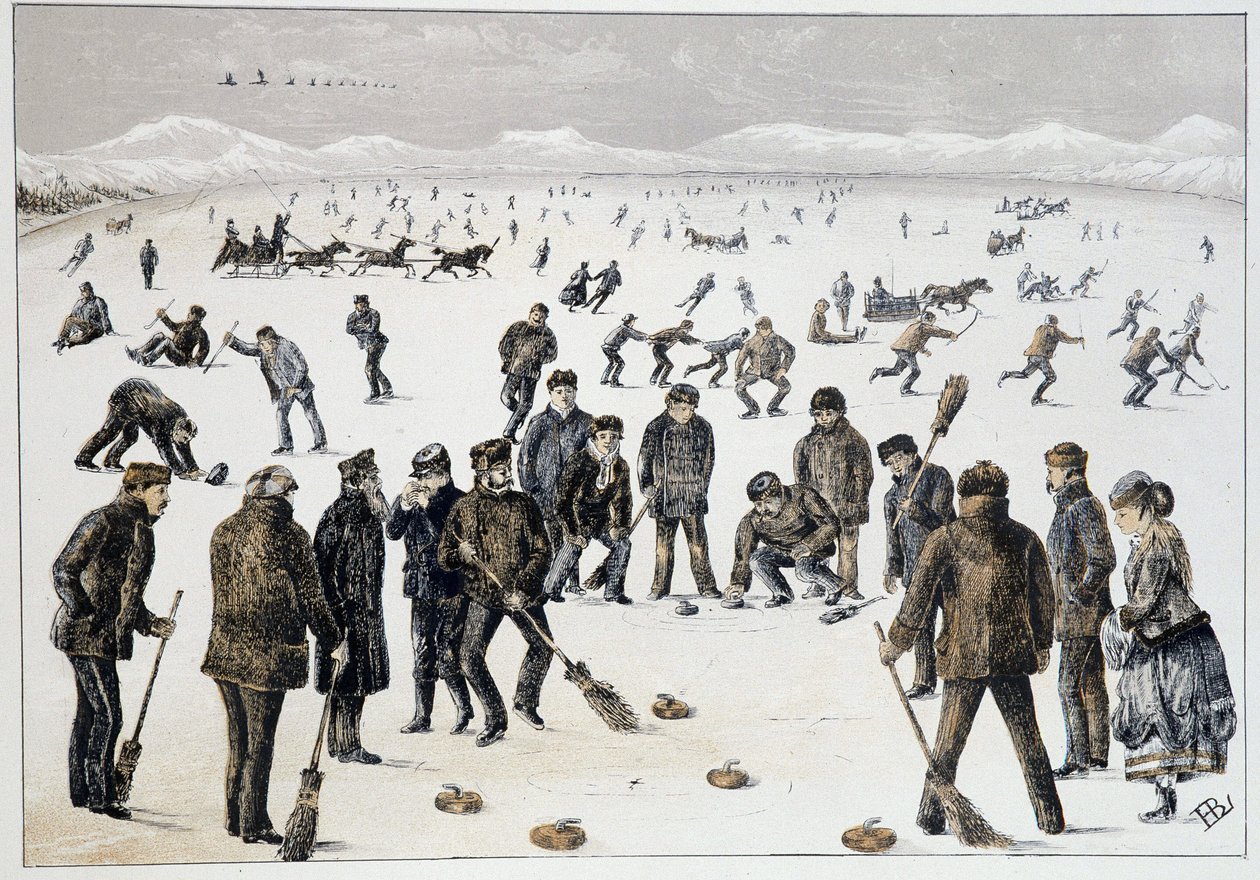 Curling na zamarzniętym jeziorze w pobliżu Halifax w Nowej Szkocji - w „Szkicach sportów i rozrywek kanadyjskich” autorstwa Lieuta. Henry Buckton Laurence autorstwa Unknown artist