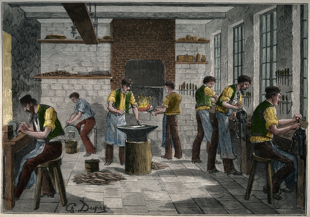 Warsztat sztućców we Francji w XIX wieku. Grawer z 1885 roku w „Les arts et metiers illustres” Adolphe BITARD. autorstwa Unknown artist