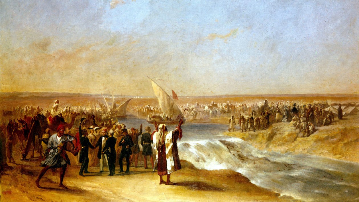 Przecięcie ostatniego odcinka basenu na równinie sueskiej przez Jego Ekscelencję Ali Paschę 15 sierpnia 1869 r. autorstwa Unknown