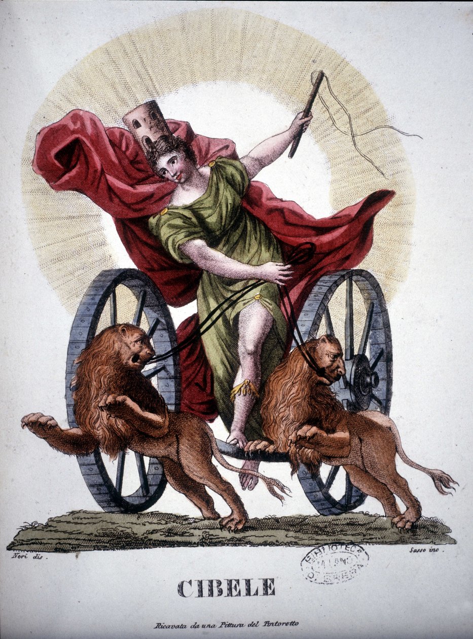 Kybele, bóstwo uosabiające reprodukcyjną moc Natury - w „Dizionario mitologico””, rycina z XIX wieku według obrazu Tintoretta, Biblia. di Brera, Mediolan. autorstwa Unknown artist