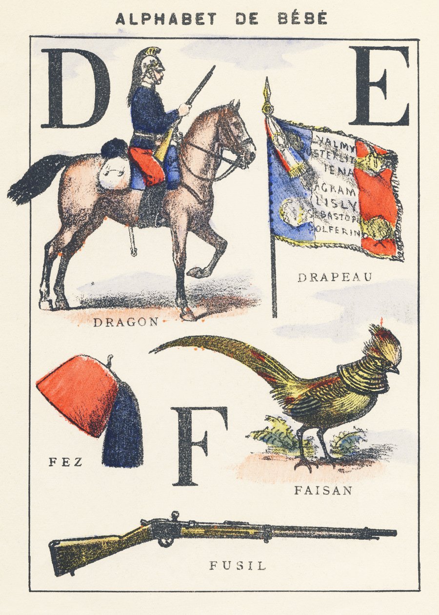 D E F: smok, flaga, bażant, fez, karabin autorstwa Unknown artist
