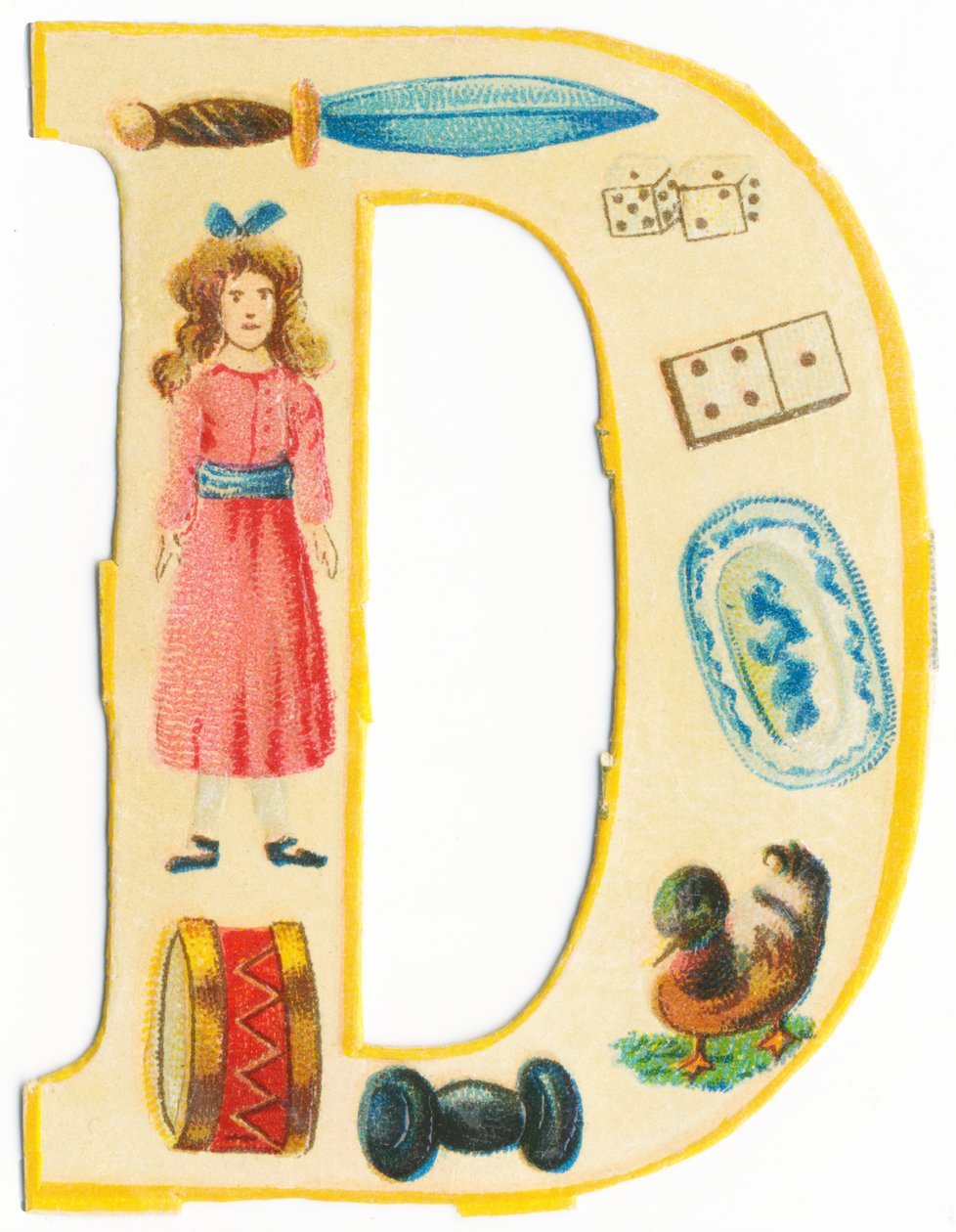 D: sztylet, lalka, kości, domino, bęben, naczynie, hantle, kaczka (kolor lito) autorstwa Unknown artist