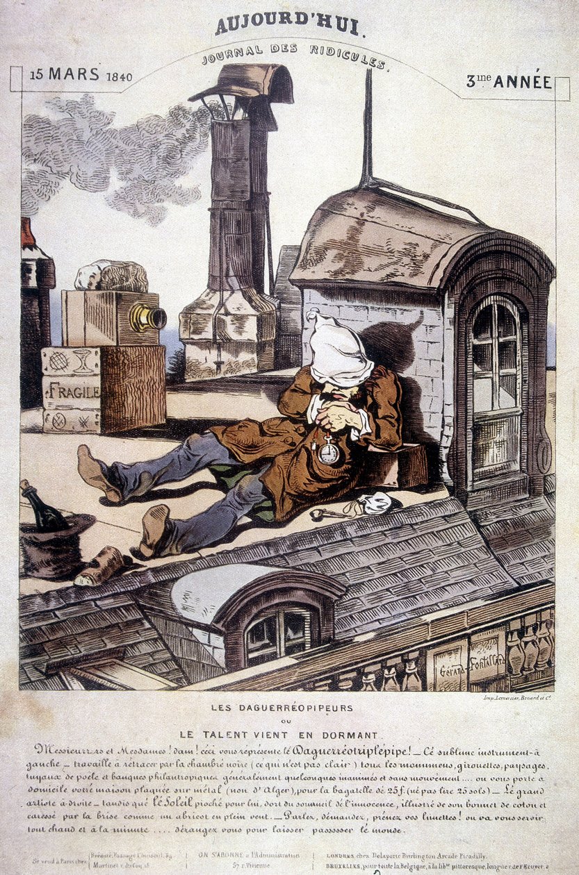 Daguerreopipers lub Talent zasypiają. Artykuł ironiczny przeciwko nowemu zawodowi fotografa. W „”Dzisiaj dziennik śmieszności””, 15.03.1840. autorstwa Unknown artist