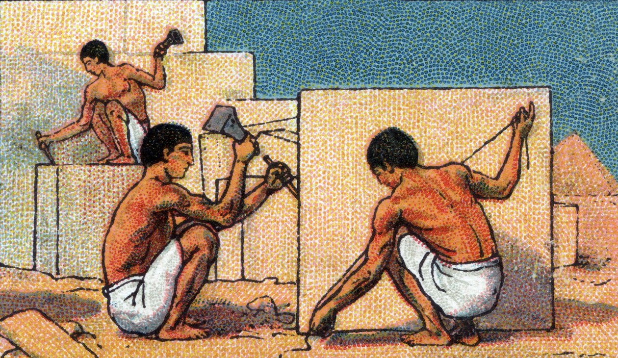 Życie codzienne w starożytnym Egipcie: kamieniarze pracujący przy budowie piramid, początek XX wieku (chromo) autorstwa Unknown Artist