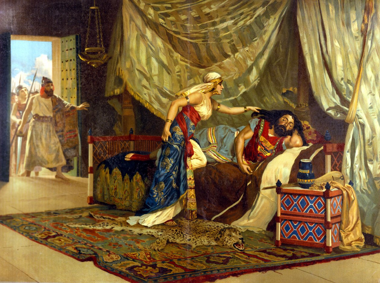 Dalila zamierza obciąć włosy Samsonowi, wzmacniając jej siłę. 19 wiek. autorstwa Unknown artist