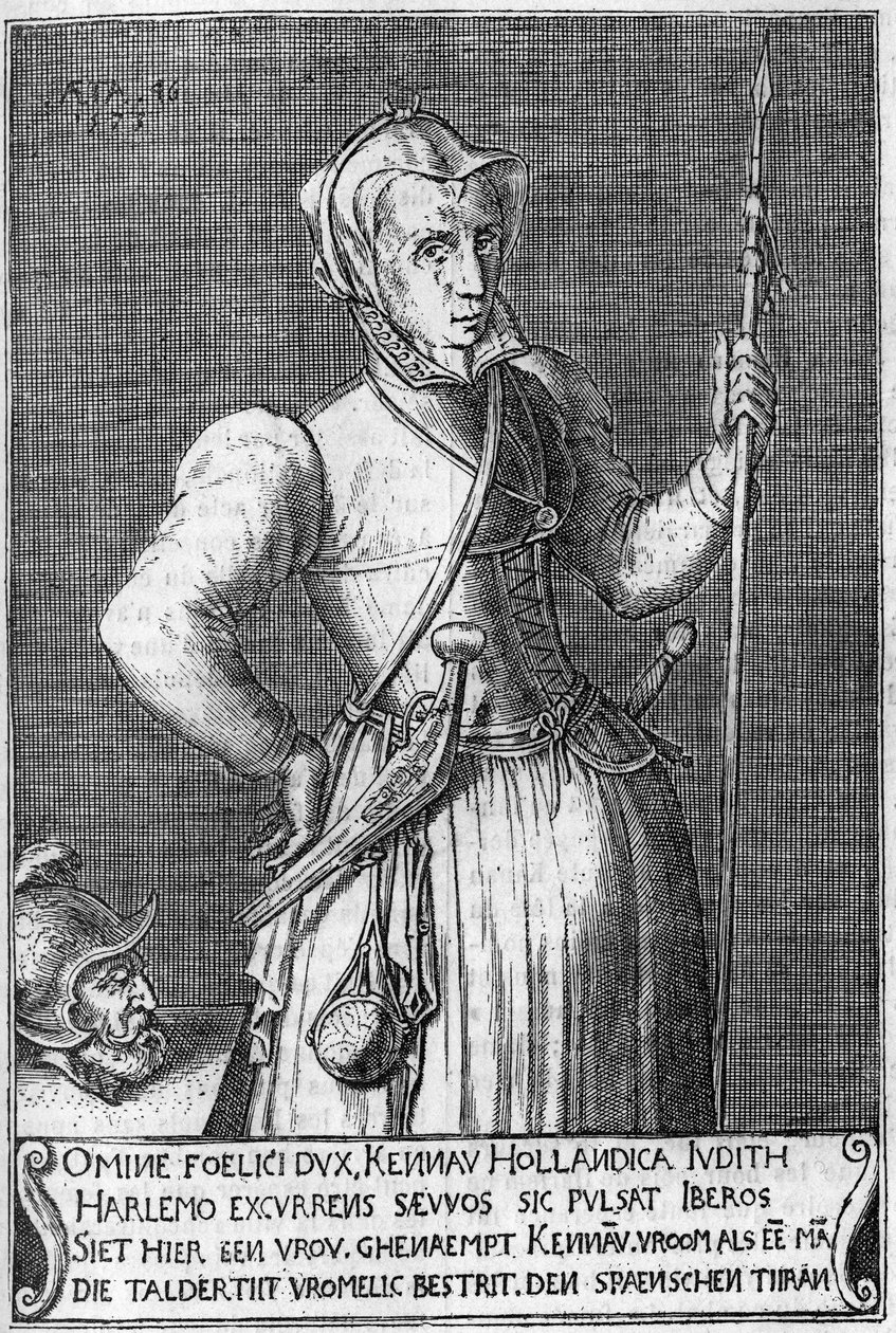 Dame Kenau Simonsdochter Hasselaer (1526-1588), bohaterka Haarlemu (Holandia) podczas walki z Hiszpanami w 1572 roku. Rycina z XVII wieku nawiązująca do Judyty z Holoferne. autorstwa Unknown artist
