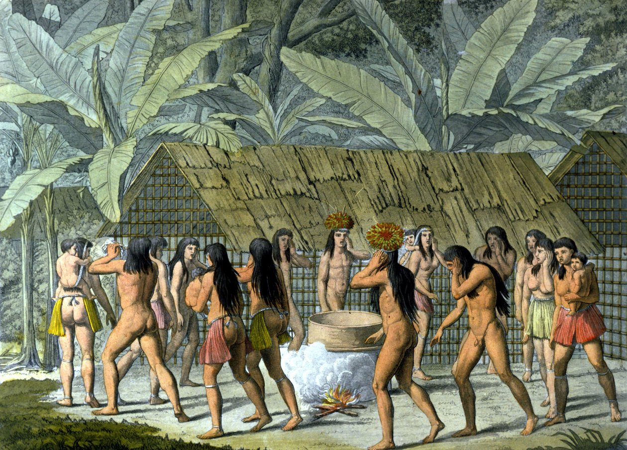 Taniec Camacans, Indianie Brazylii - w „Stary i nowoczesny kostium” Ferrario, wyd. Mediolan autorstwa Unknown artist