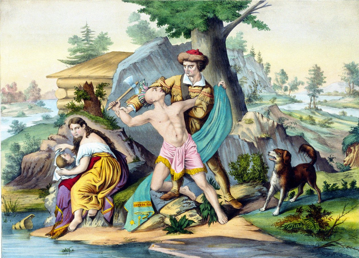 Daniel Boone chroni swoją rodzinę: Daniel Bonne, amerykański pionier (1734 - 1820) zabija Indianina, który atakuje jego rodzinę siekierą. Grawerowanie XIX wieku. autorstwa Unknown artist