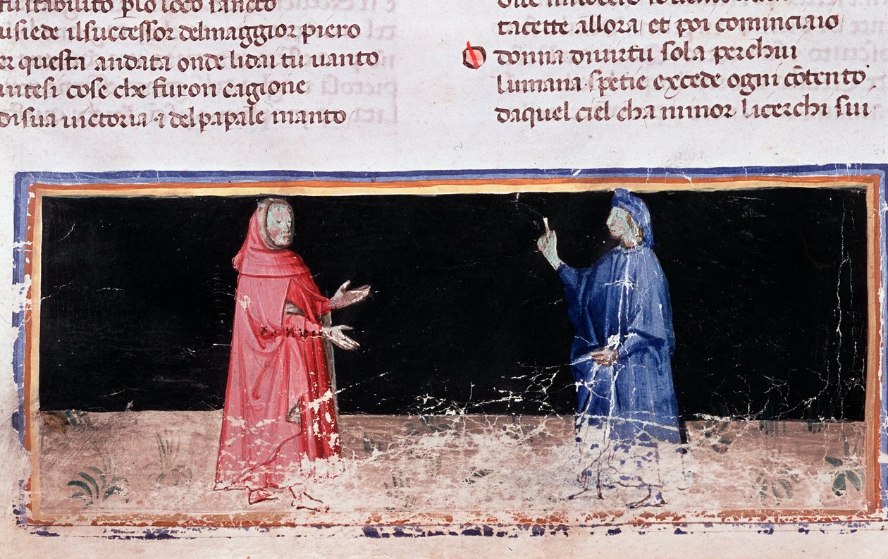 Dante (na niebiesko) i Wergiliusz (pieśń 3 piekła w Boskiej Komedii) (Miniatura) autorstwa Unknown artist