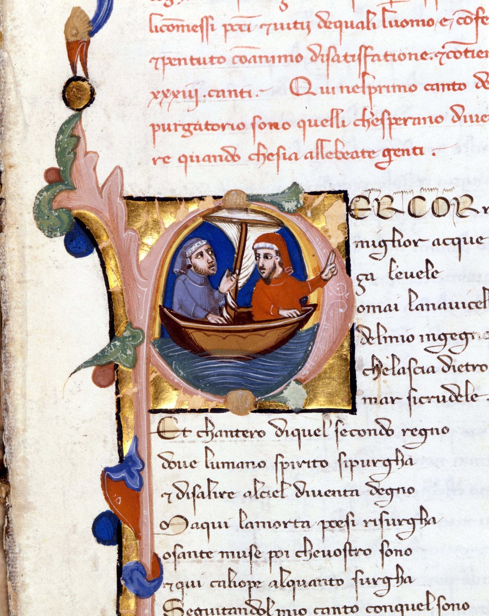 Dante Alighieri: Boska komedia (Boska komedia) incipit czyśćca. Dante i Wergiliusz. rękopis z XIV wieku. Mediolan biblia. Trivulziana autorstwa Unknown artist