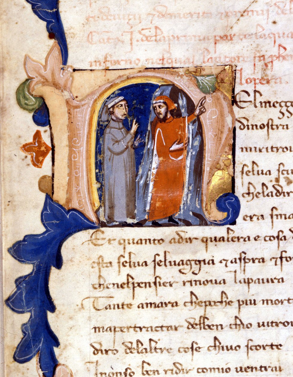 Dante i Virgil przy wejściu do piekła. (lettrine "" N ") Incipit piekła boskiej komedii (Boskiej komedii) z XIV wieku w Mediolanie, biblioteka Trivulzian. (W połowie podróży naszego życia...) autorstwa Unknown artist