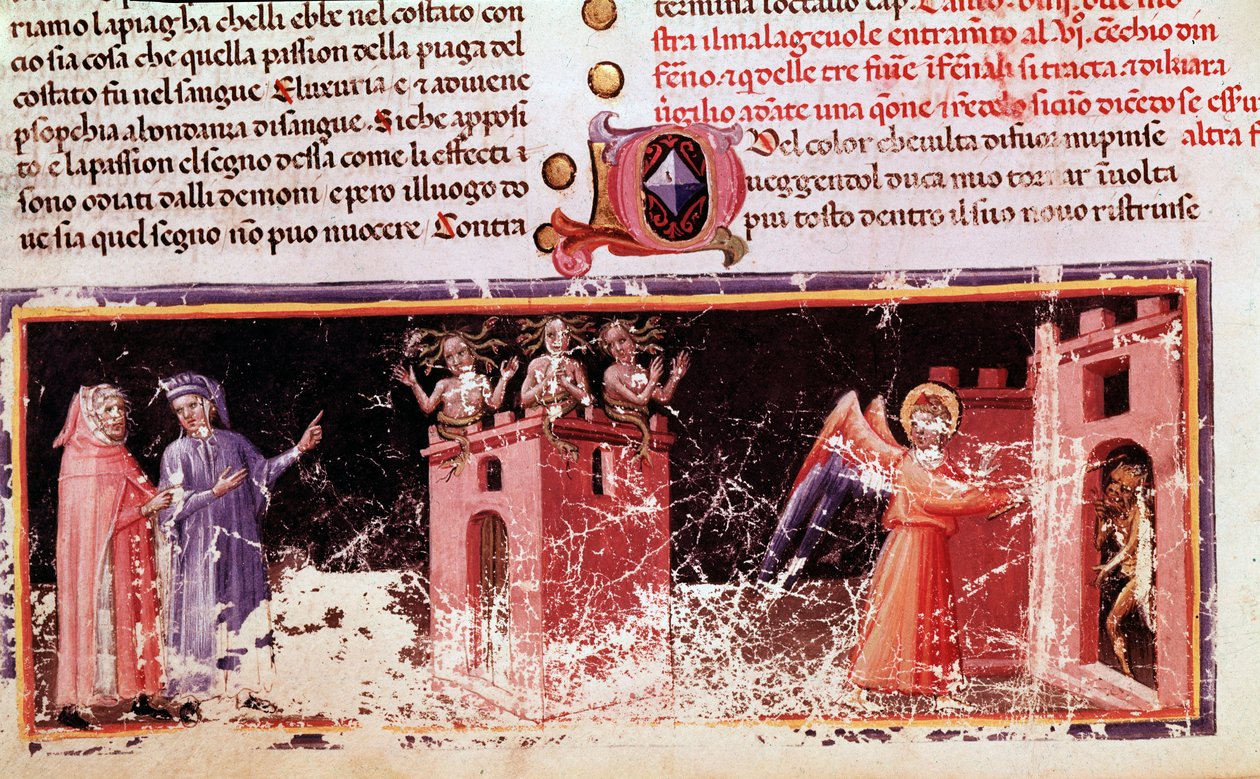 Dante i Virgil u bram Dite opanowanych przez furie (piosenka 9 piekła, w Boskiej komedii) - miniatura autorstwa Unknown artist