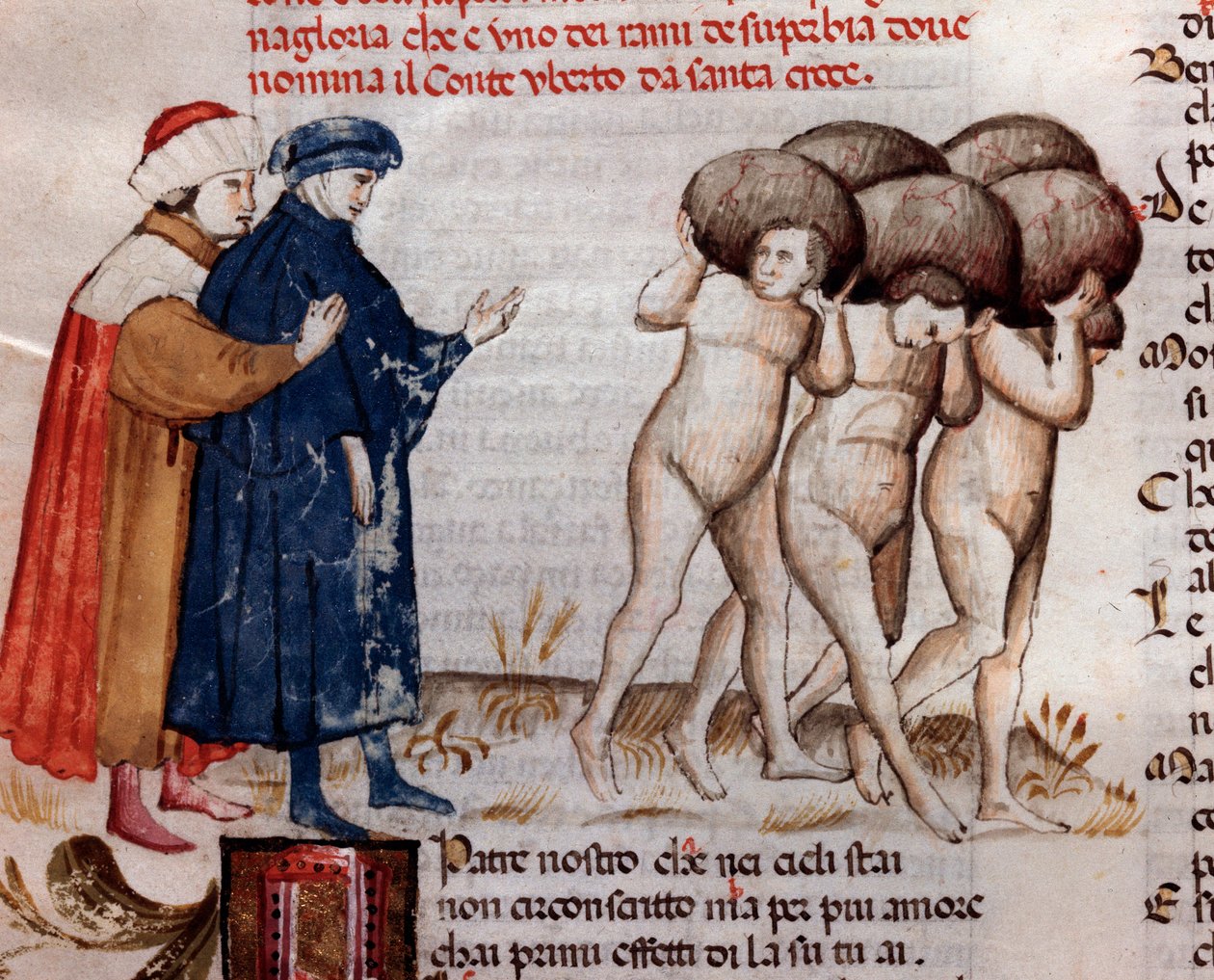Dante i Wergiliusz patrzą na hrabiego i Umberto Aldobrandeschi Oderisi da Gubbio (pieśń 11 z czyśćca, w Boskiej Komedii) - miniatura XV w. autorstwa Unknown artist
