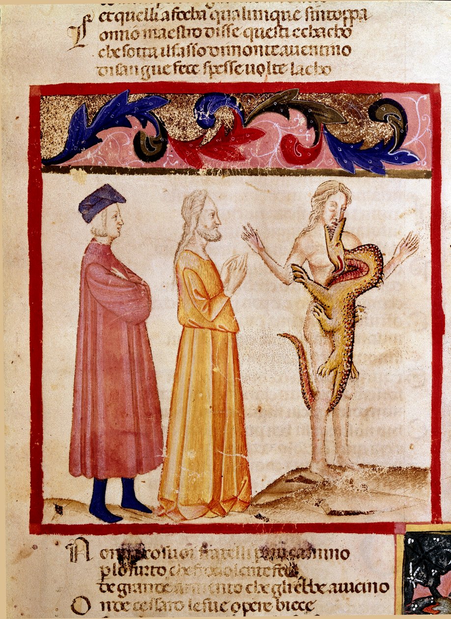 Dante i Virgil spotykają duszę grzesznika skazanego na pożarcie przez smoka. Podświetlana strona ilustrująca pieśń piekielną czerpie z „Divina Commedia” Dantego Alighieri (1265-1321). XIV wiek, Wenecja, Biblioteca Marciana autorstwa Unknown artist