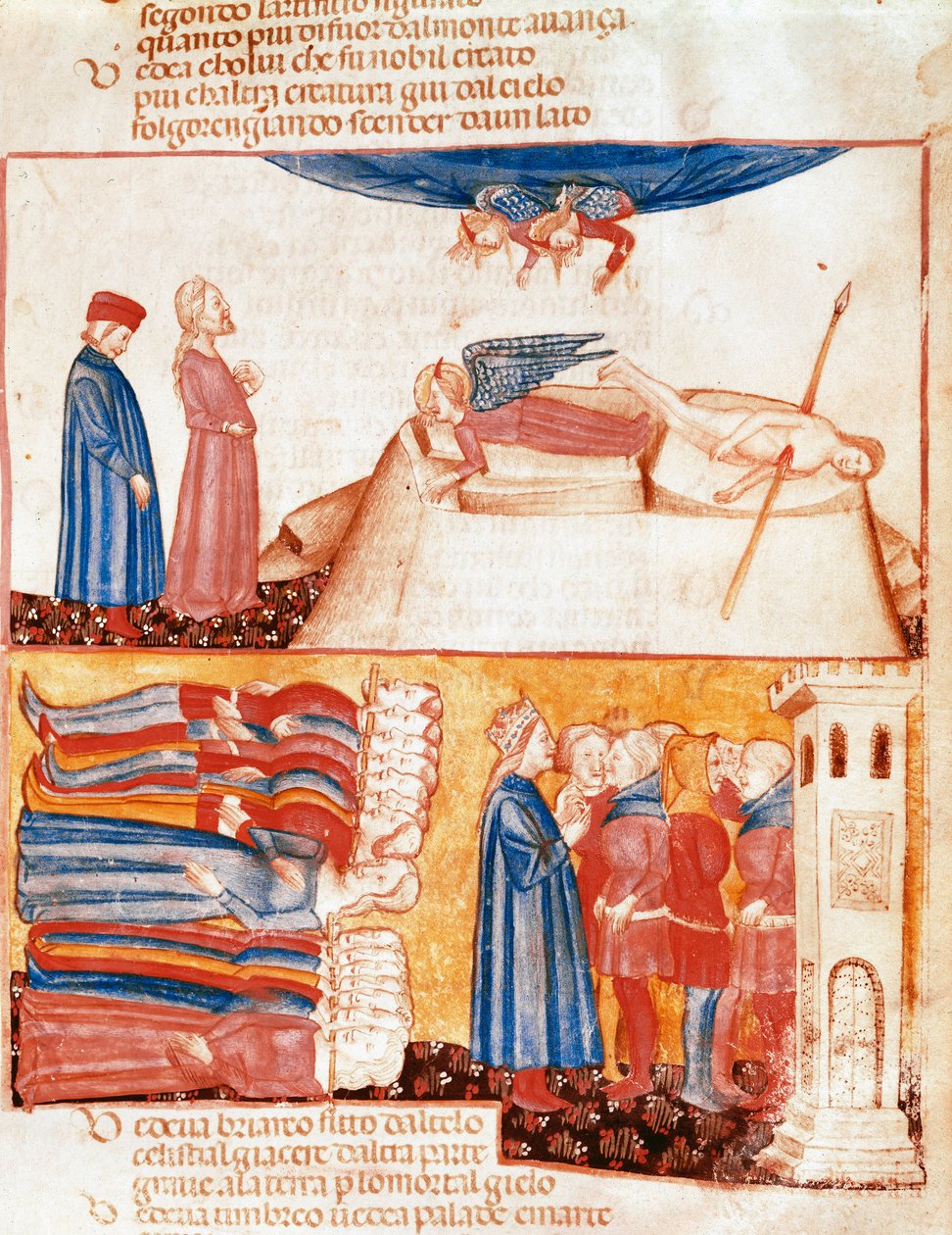 Dante i Virgil spotykają dusze brutalnie zmarłych ludzi. Podświetlana strona ilustrująca pieśń Antyczyściec z „Divina Commedia” Dantego Alighieri (1265-1321). XIV wiek, Wenecja, Biblioteca Marciana autorstwa Unknown artist